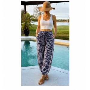 Anthropologie Hei Hei Blue Scallop Print Beaded Jogger Pants Boho Resort Rayon M